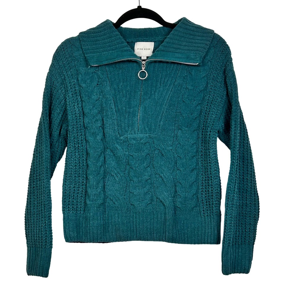 PINK ROSE Sweater Womens Small Teal Cable Knit Quarter Zip Collared Long Sleeve